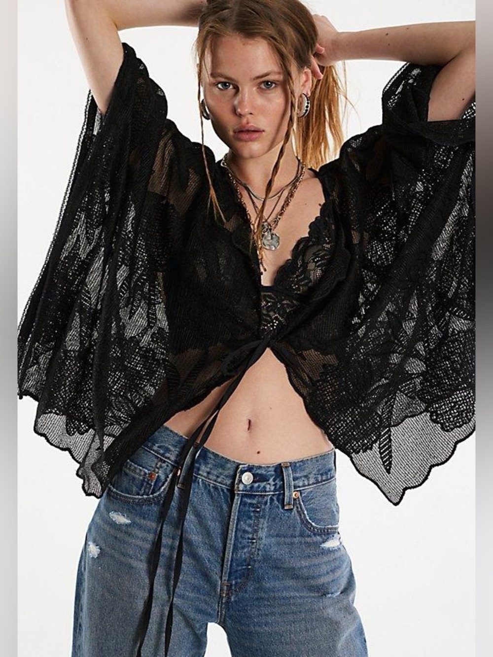 Free People | Willow Tie Front Cape Top | Black | One Size